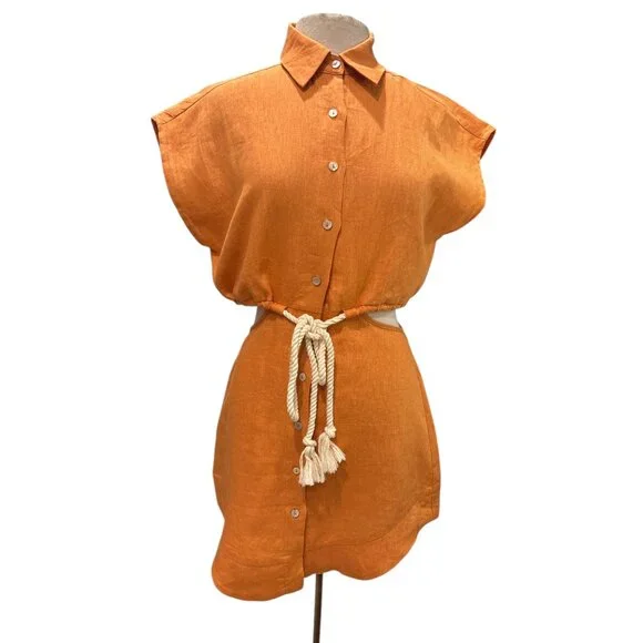 Hevron 100% Linen Cutout Shirt Dress Size S Fits US 8–10 Orange Midi - Picture 3 of 11